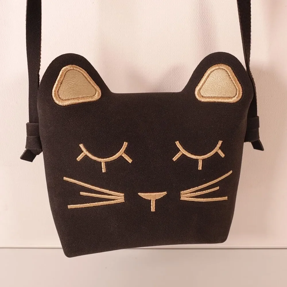 Cute Black Cat Crossbody Bag Little Girls Purse Black Gold with Cat Keychain